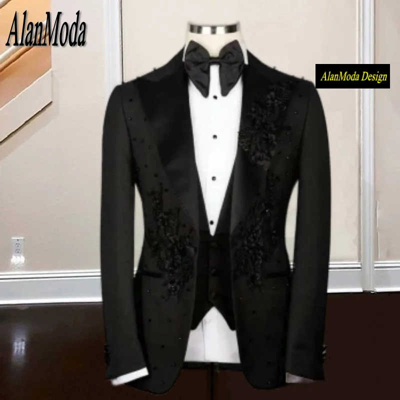 

Custom Made Black Men Suits For Wedding Luxury Handmade Appliques Jacket Plus Size Porm Groom Wear Boyfriend Marriage Tuxedo