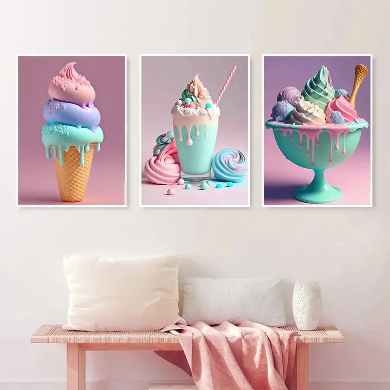 Colorful Ice Cream Cone Canvas Poster Beautiful Rainbow Dessert Modern Wall Art Pictures for Kitchen Bar Store Home  Gift
