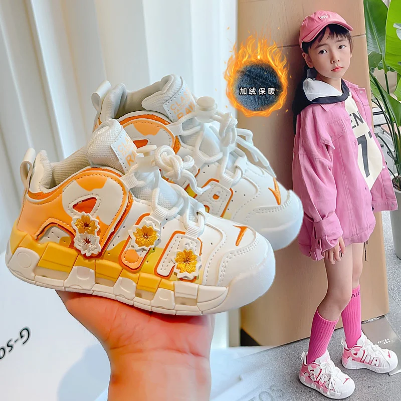 New Spring Kid Casual Soft Sole Sports Shoe High Top Girl Running Board All-match Plus Velvet Tennis Kid Shoe Girl Shoes