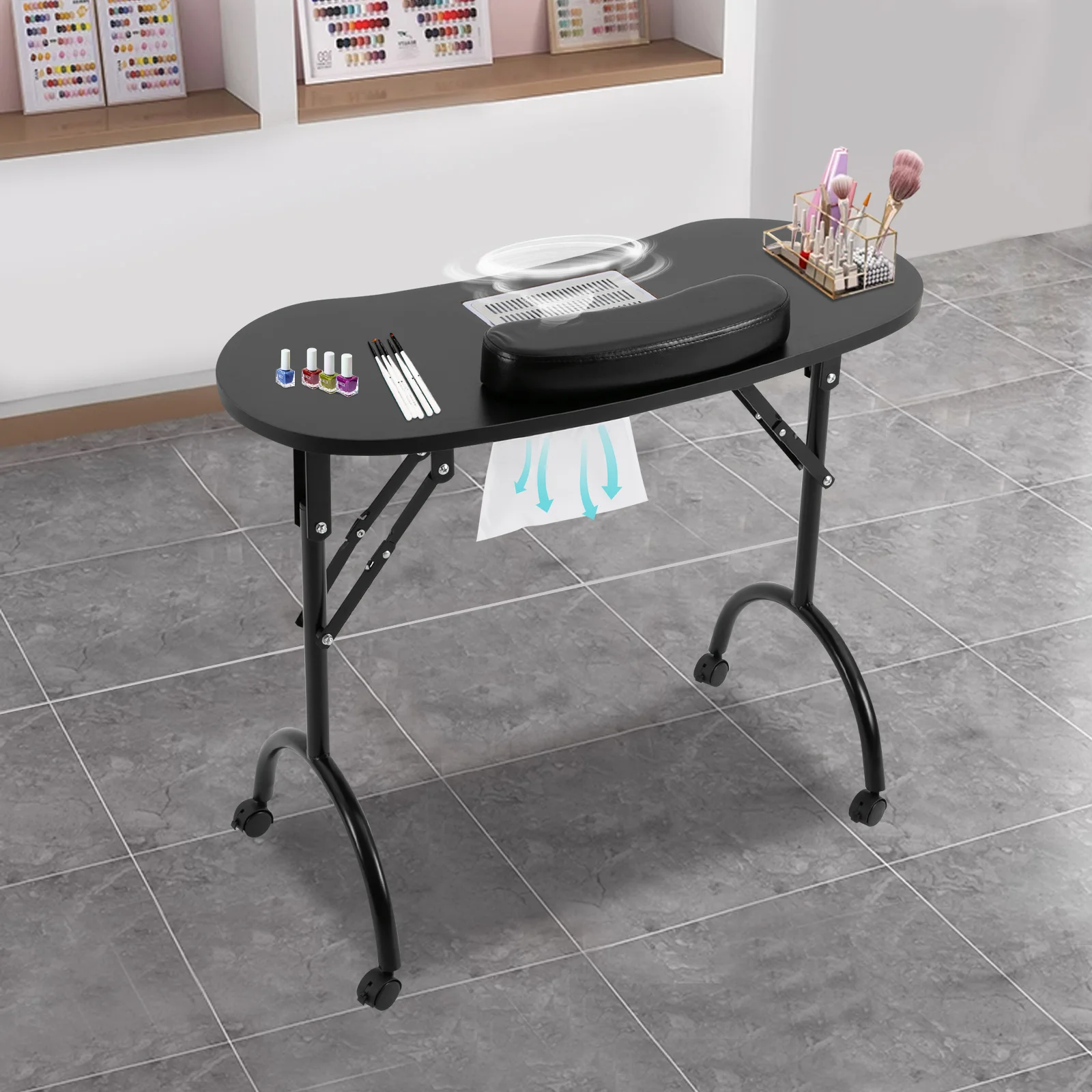 Foldable Nail Table w/Wheels Multifunctional Portable Manicure Table with MDF Table Top for Households