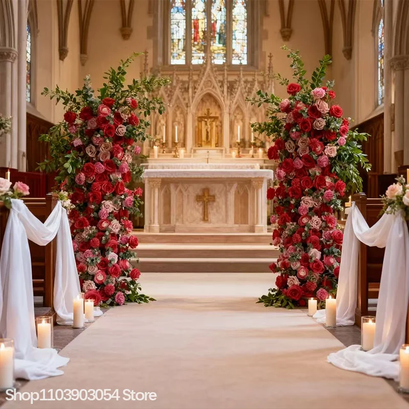Luxuriöses Rot-Rosa Rosen-Blumenarrangement mit Künstlichem Eukalyptus für Hochzeits-Hintergrund, Bühne, Party, Zeremonie und Gangdekoration – Detail 8