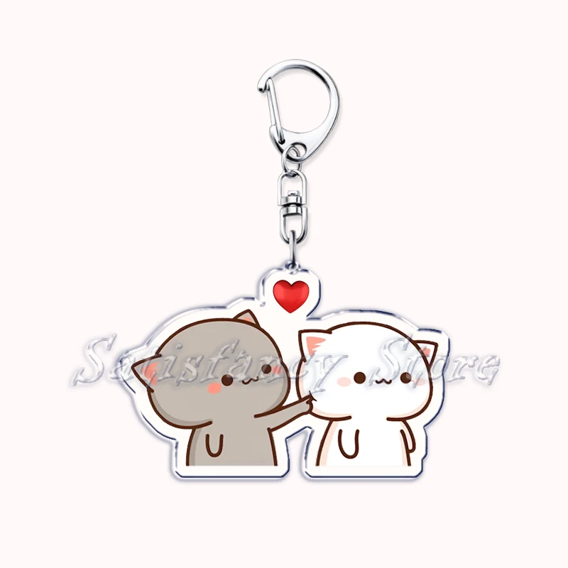 Cute Peach e Goma Acrylic Cat Keychains, anel de afago para casais, acessórios para bolsa, chaveiro pingente, jóias para fãs, presentes para amantes