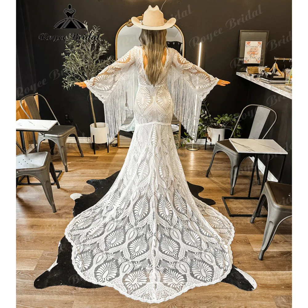 Plunging V Neck Tassel Lace Boho Bohemian Wedding Dress for Women 2025 Customized Bridal Gown Backless vestido novia bohemio