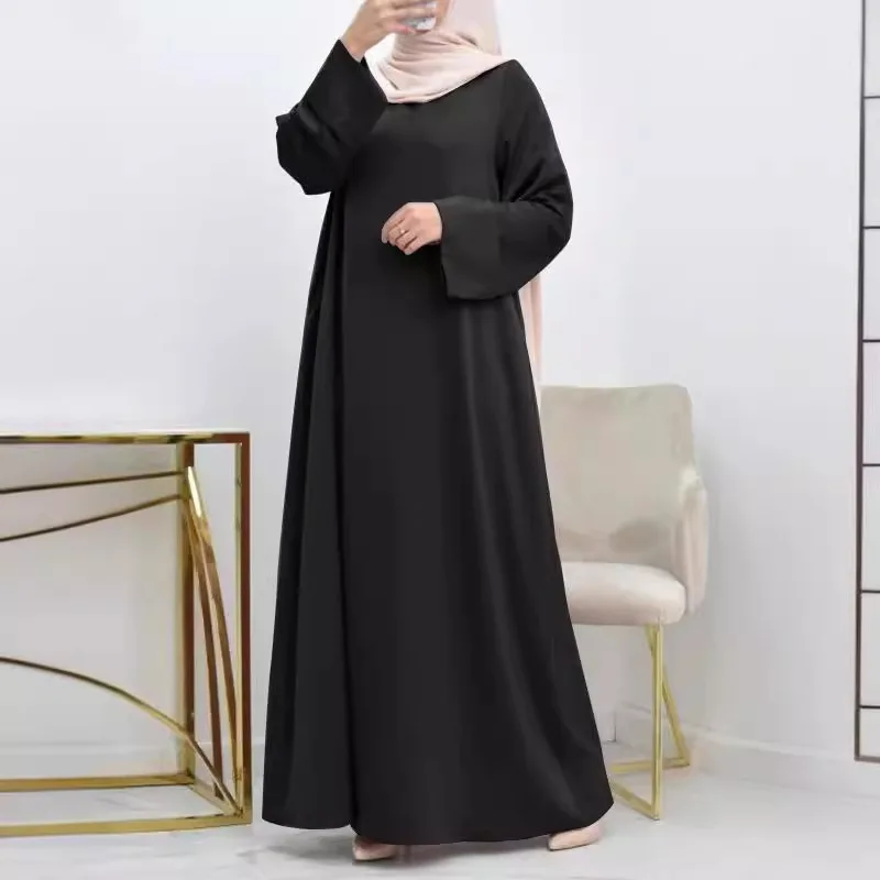 Vintage Spring Muslim Dress Malay Simple Solid Women Abaya O-neck with Belt Big Size Long Sleeves Robe Femme Loose Turkey Kaftan