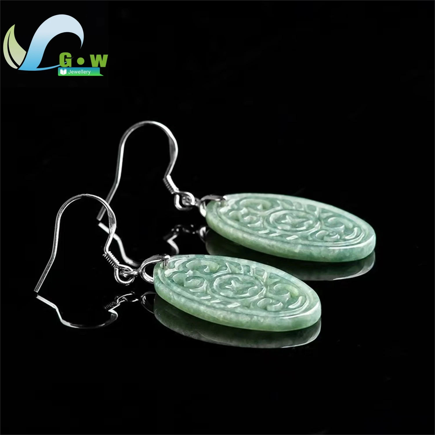 Natural A Grade Jadeite Hollow Carved Drop Earrings Bean Texture Ethnic Style Women's Exquisite Retro Ethnic Style Jewelry Gift