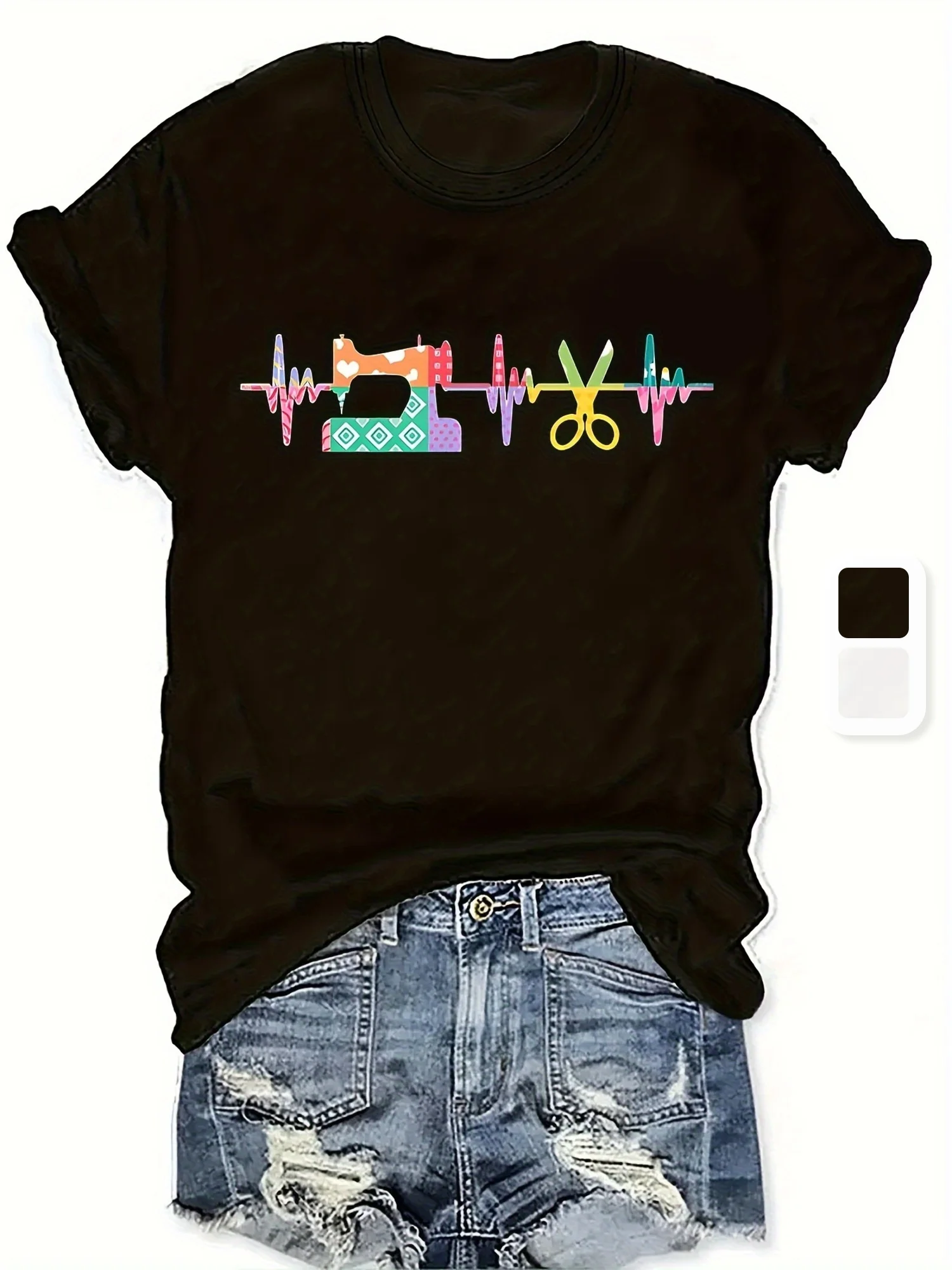 Women's Sewing Machine Graphic T-Shirt Black Casual Short Sleeve Crew Neck Top with Vibrant Color Block Design, Machine Washable