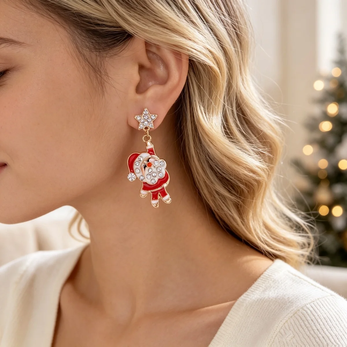 Weihnachts-Strass-Stern-Weihnachtsmann-Ohrhänger für Damen, modische rote Schleifen-Weihnachtsstangen-Weinglas-Socken-Ohrringe, Neujahrs-Schmuck – Detail 7