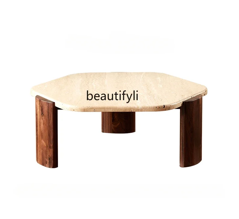 

Nordic designer creative special-shaped travertine coffee table simple black walnut solid wood coffee table