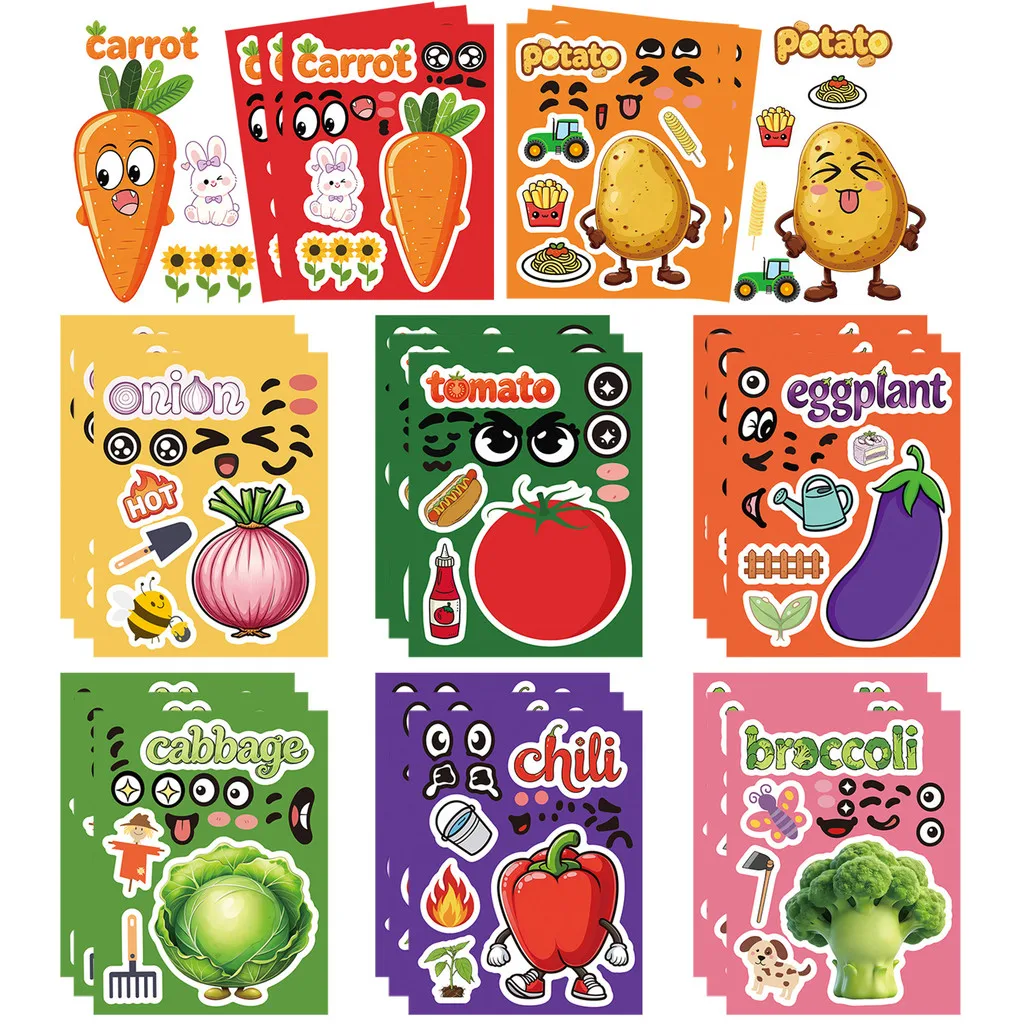 8 Sheets Make Face Cute Cartoon Vegetable Stickers Waterproof DIY Decor for Water Bottle Handcraft Golden Memory Stickers Store