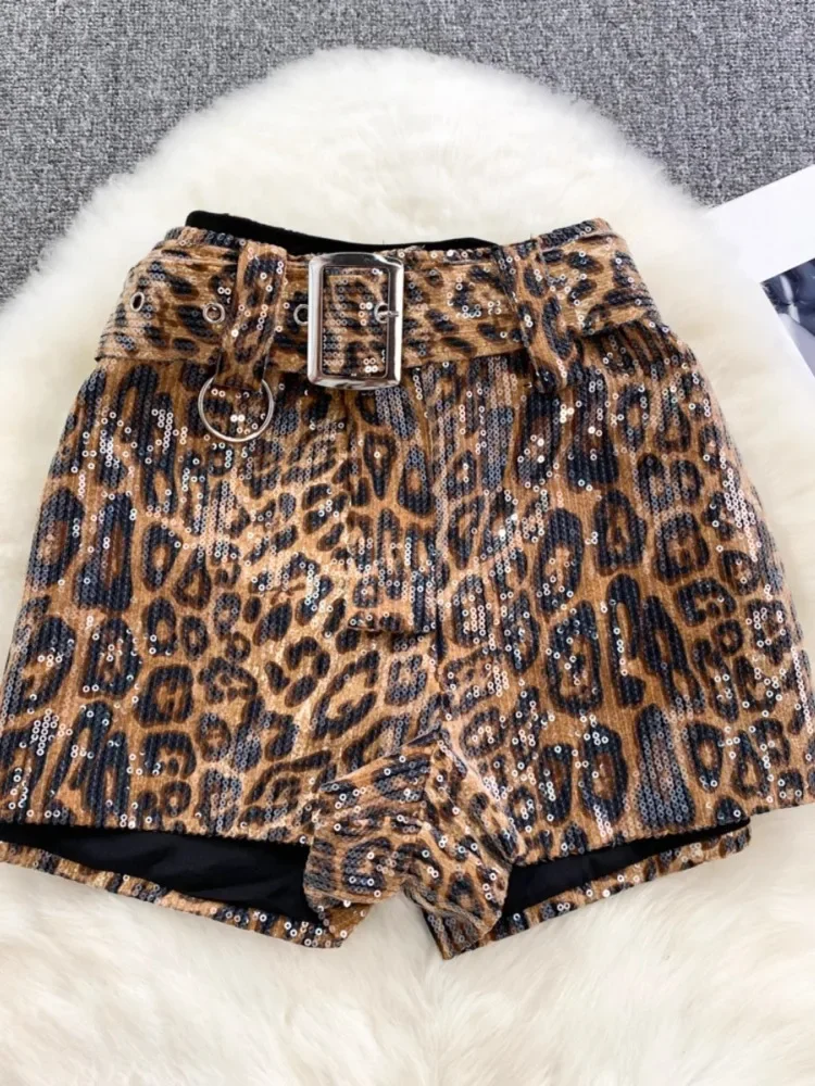 Sexy Y2k Leopard Shorts Autumn Winter Korean Fashion High Waist Slim Sequin Stitching Casual Wide Leg Boots Short Pants Women