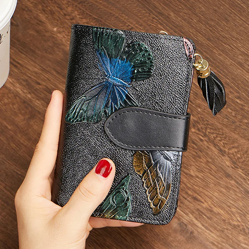 Card Holder Purse Short Women 2026 Vintage Small Wallet Woman 3D Pattern Ladies Leather Purse Mini Cowhide Clutch Bag