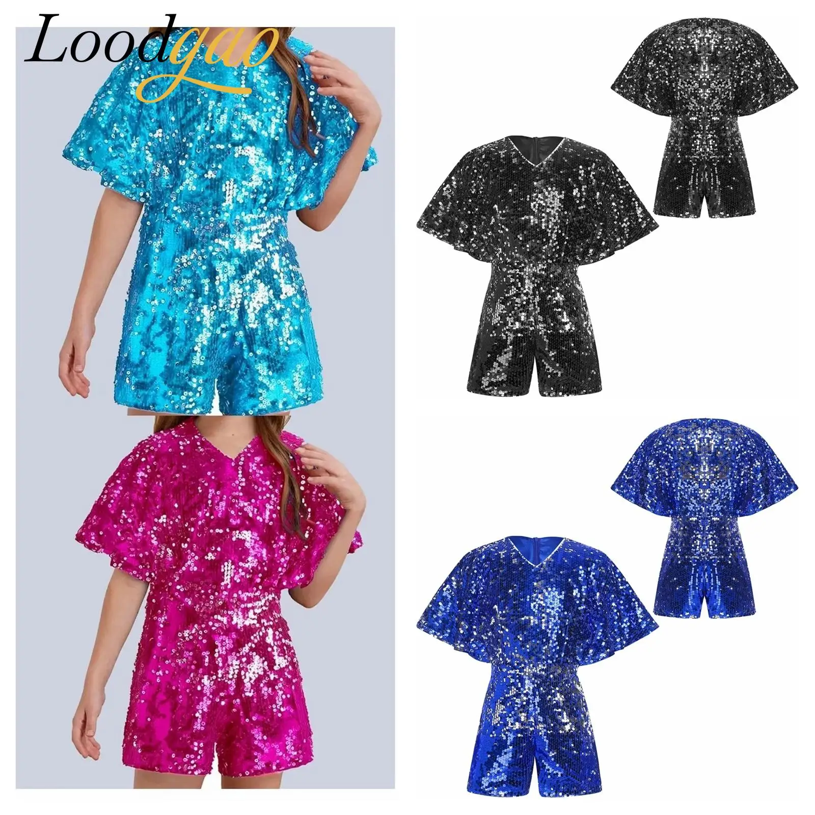 

Fashion Girls Hip Hop Jazz Dance Costume Disco Party Wear Cap Sleeve Bodysuit Sparkling Sequins Unitards Jumpsuit Streetwear