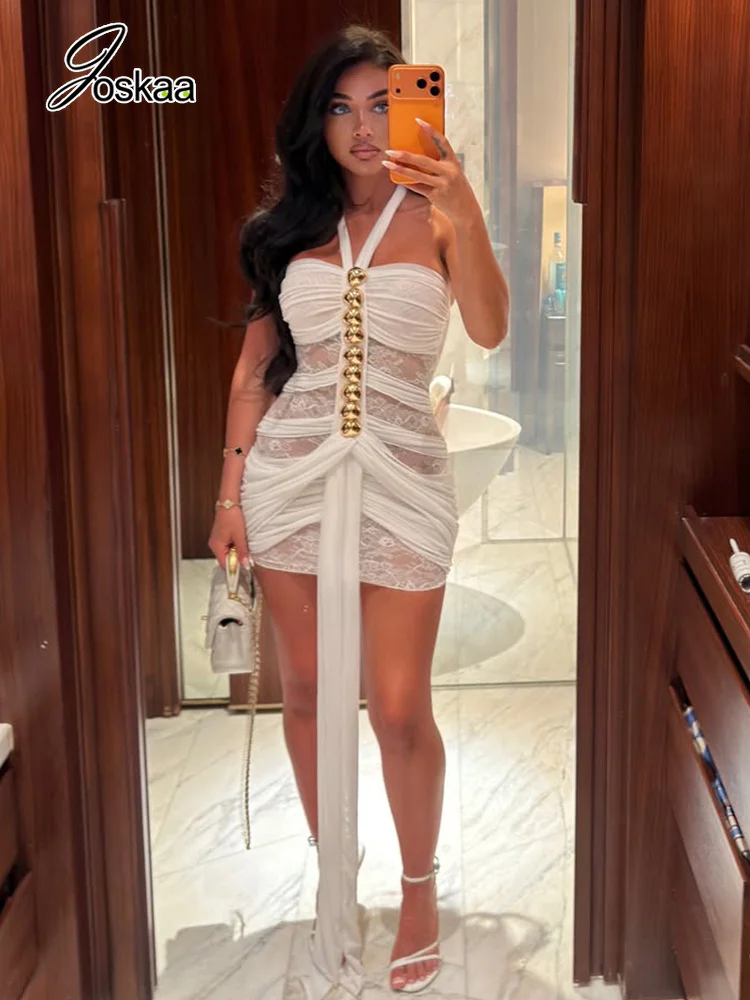 Joskaa Robe Mini Sexy Femme avec Décoration Métallique, Dentelle Transparente, Dos Nu, Froncée, Ruban, Coupe Ajustée, pour Fêtes et Soirées en Club