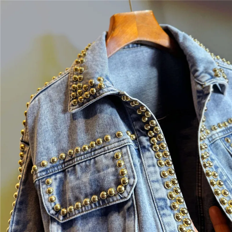 Spring Women New Heavy Work Rivet Blue Short Denim Cardigan Jacket Loose Big Pocket Lapel Long Sleeve Female Jeans Jacket Coat