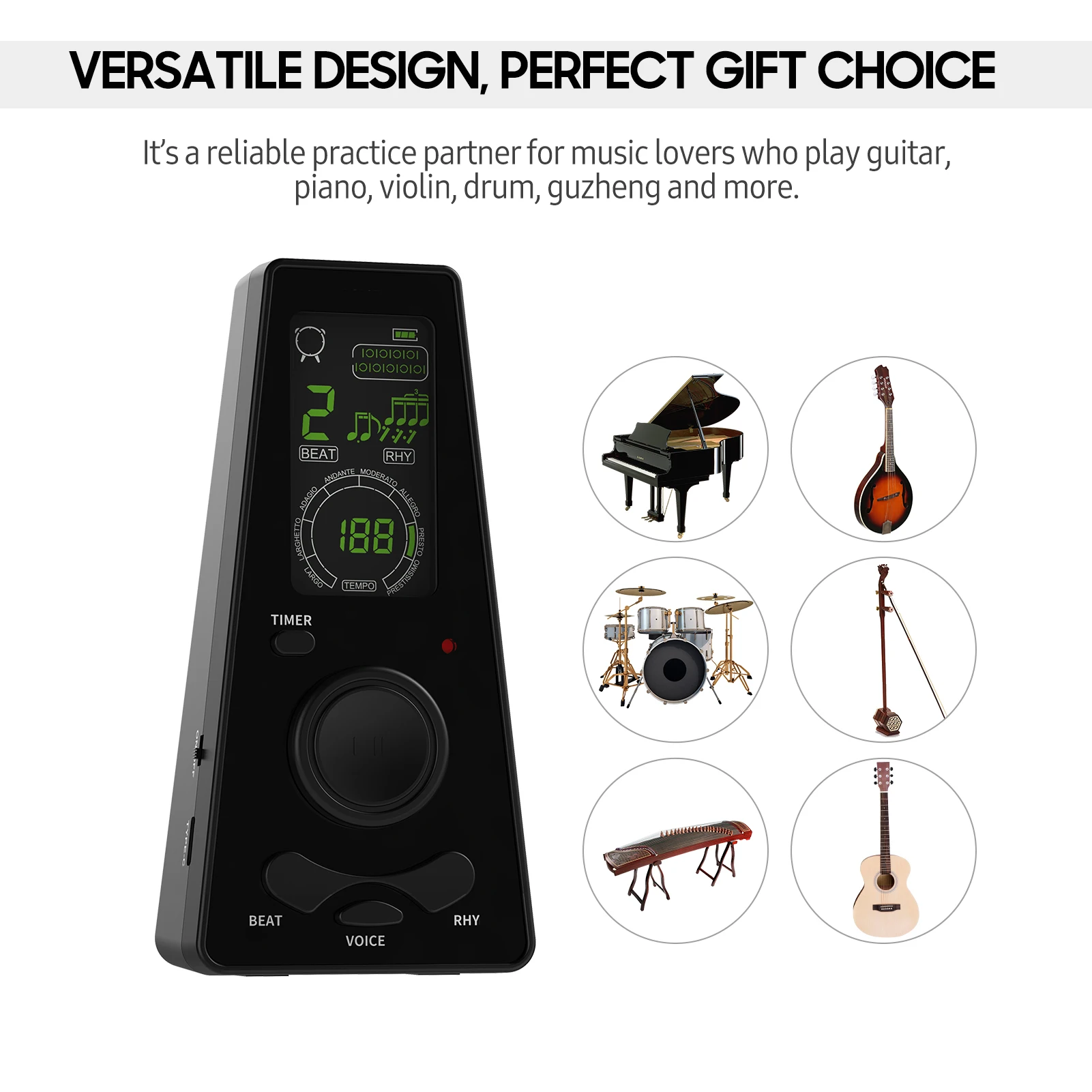 Electronic Digital Metronome Timer Universal Electronic Metronome with Volume and Beat Speed Control Battery USB Cable Powered