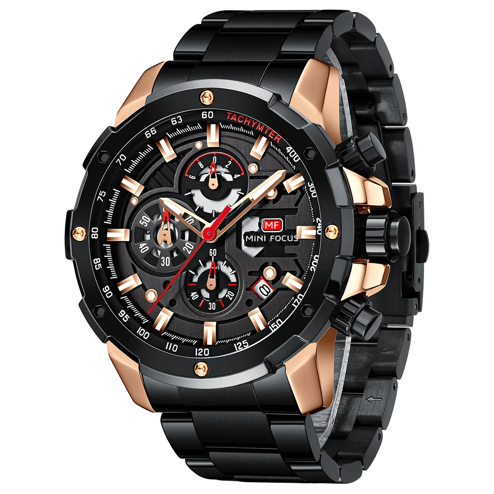 MINI FOCUS Men's Business Casual Quartz Watch, Skeleton Dial, Multifunction Waterproof Stainless Steel Bracelet Wristwatch