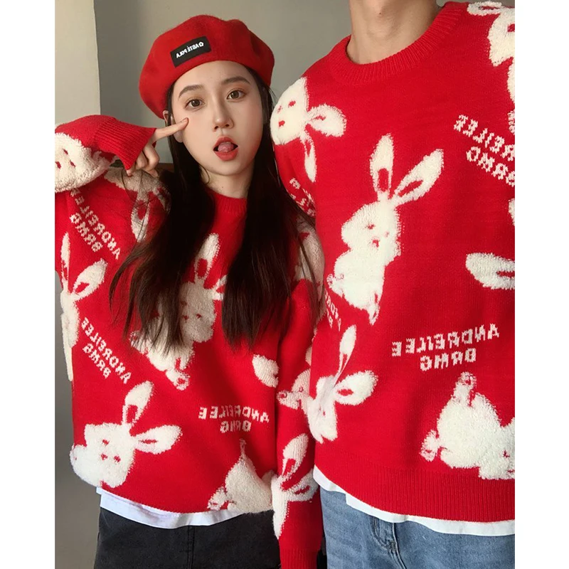 Harajuku Cute Animal Bunny Embroidery Sweaters Oversized Thicken Winter O-neck Pullover Christmas Red Streetwear Kawaii Clothes