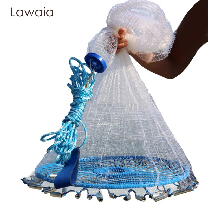 Lawaia Deep Hole Cast Net Lron Steel Pendants Hot Sale Fishnet Blue Ring  American Style Small Mesh Catch Fish Casting Network