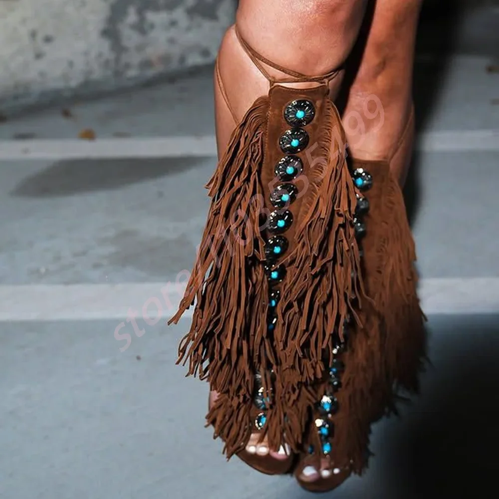 Sexy Ladies Tassel Gem Boots New Open Toe Luxury Roman Street Stiletto Casual Boots Retro Black Brown Model Catwalk Stage Boots