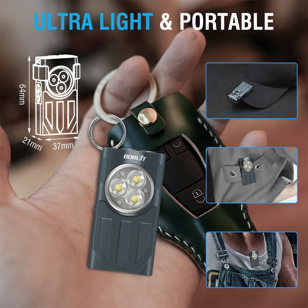 BORUiT V7 LED EDC Keychain Flashlight 1100LM USB-C Rechargeable Mini Torch with Clip Magnet Red UV Light Camping Pocket Lantern