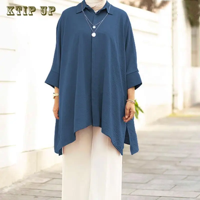 Muslim Lapel Neck Blouse for Women, Long Sleeve, Solid Loose Shirt, Casual Islamic Clothing, Stylish Abaya, Turkey, New Top