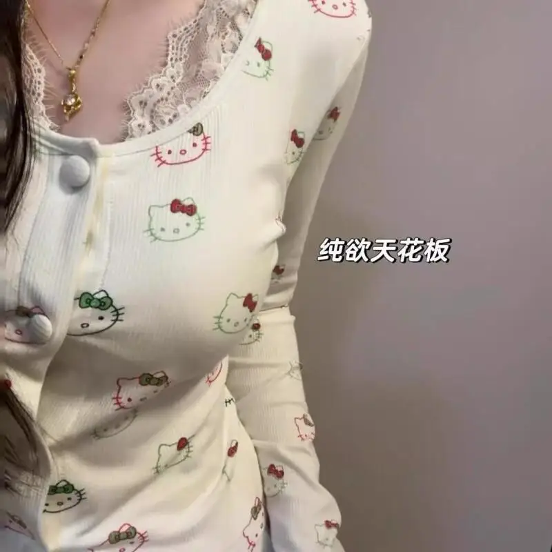 2025 Spring New Sweet Cartoon Kitty Printed Pajama Set Suitable for Youth Fashion Home Clothes Moisture Absorption Sanrio Hello