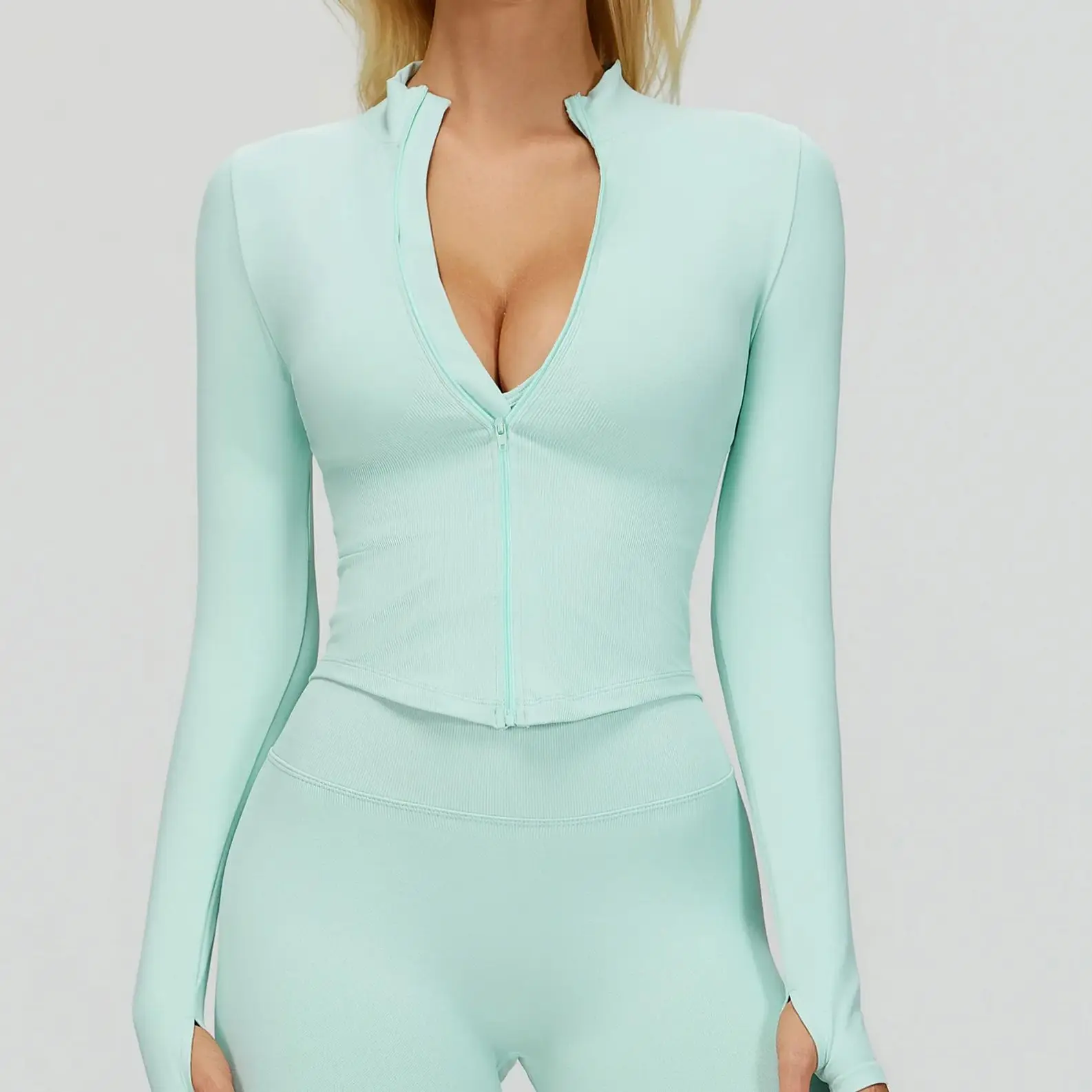 Seamless Women Sport Jacket Standing Collar Long Sleeve Shirt Workout Coat Gym Training Sports Running Fitness Top Yoga Clothes