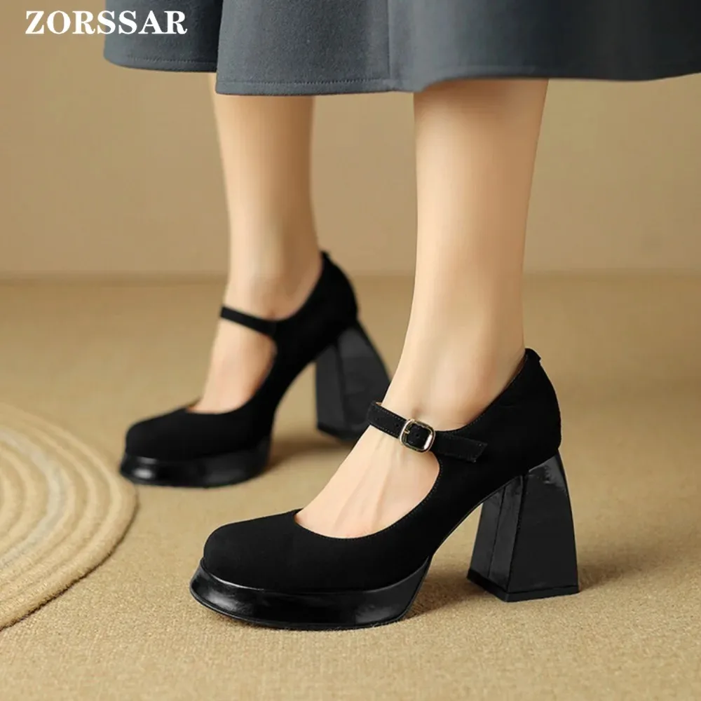 

2024 Spring/summer Mary Jane Shoes Suede Leather Woman Shoe French Square Toe Thick Heel Shoes Women Buckle Strap Commute Pumps