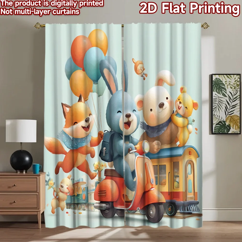 2D flat printing 2pcs Scene Curtains Easter Bunny Train Scooter Fox Digital Printed Polyester Drapes Holiday Decorations Use for