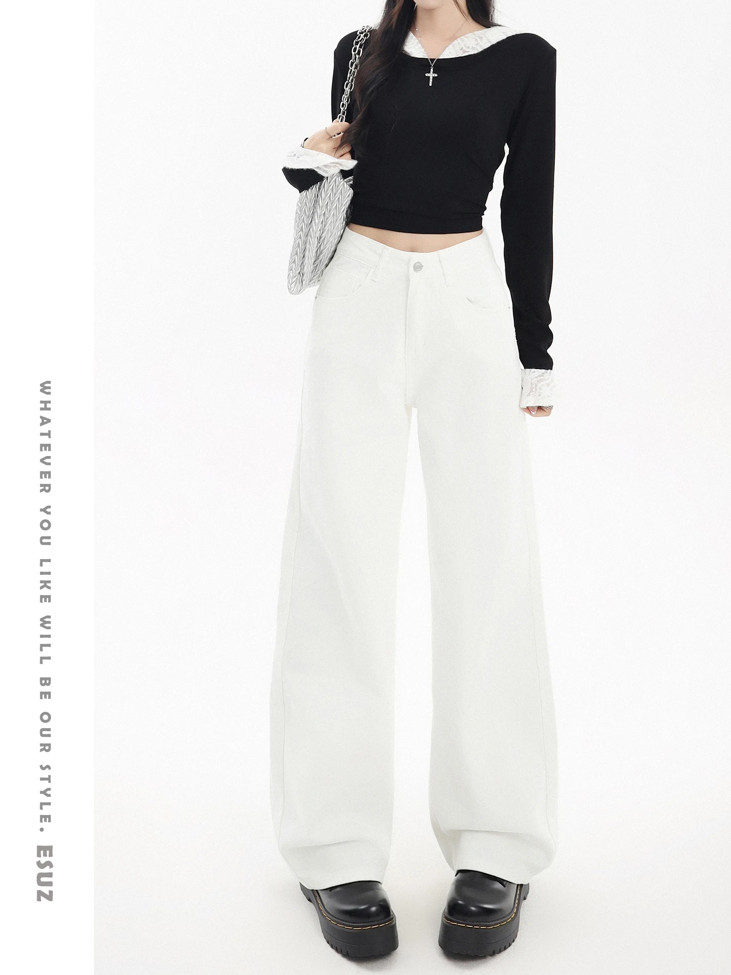

Offcat High Waist Slim Fit Straight Leg Denim Jeans Women's Autumn Winter New Style White Fleece Lined Tapered American Style