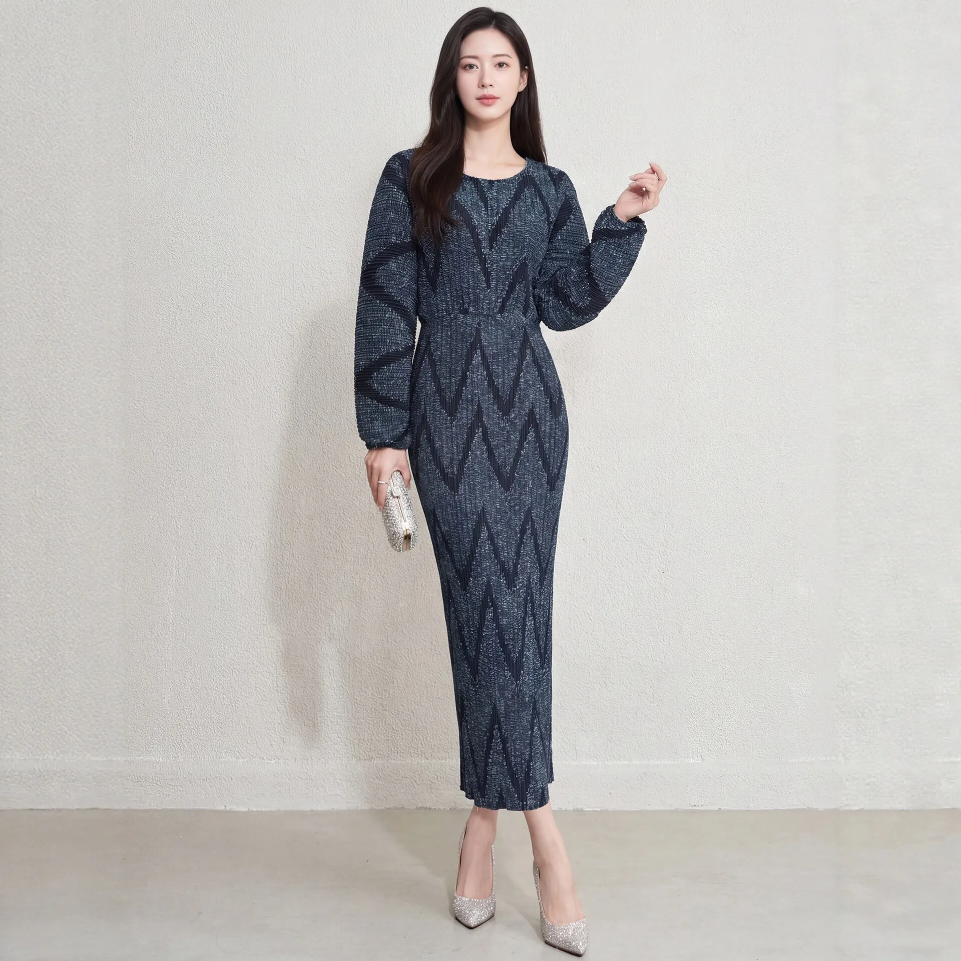 

Geometric Pattern Knitted Long Dress Slim Fit Batwing Sleeve High Elasticity Wind Pleated Bather Elegant High Waist Polyester