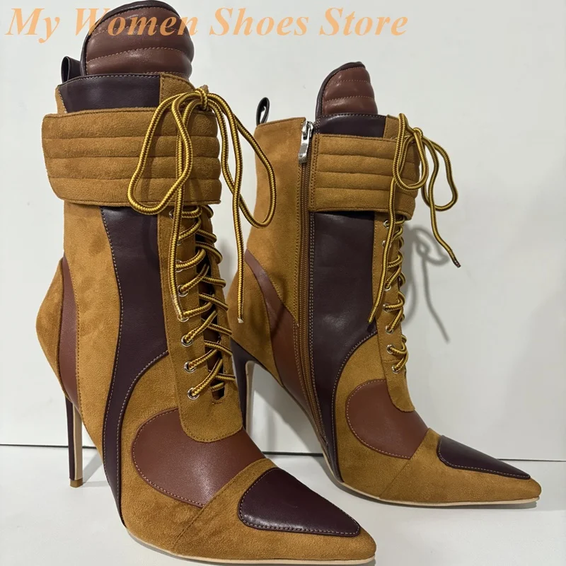 الدانتيل يصل المرقعة الكاحل الجوارب مثير مدبب تو خنجر رقيقة عالية الكعب المدرج 2026 الشتاء الخريف النساء فستان أحذية سستة #3