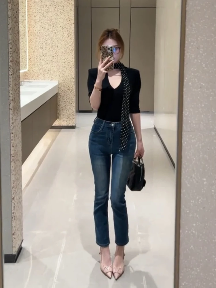 

Slimming Straight Leg High Waist Blue Jeans Women's plus Size Hip Pad Cigarette Pants Long Leg Lengthening High Waist Jeans