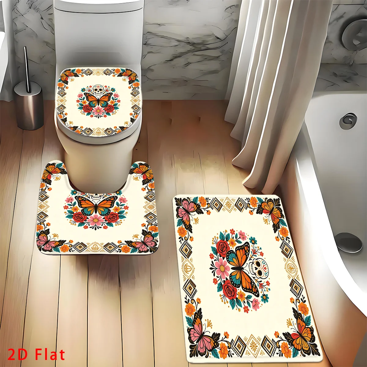 2D Flat, 4pcs Boho Floral And Butterfly 2D Day of The Dead Bathroom Set, Featuring High-Quality Bathroom Decorations And Additions Including a Non-Slip, a U-Shaped, a Toilet Seat, And a Shower Curtain with 12 Hooks