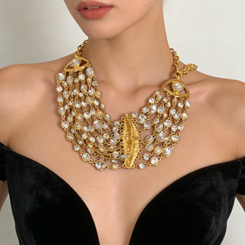 Vintage Luxury Lip Eye Pendant Choker Necklace Multi-Layer Full Crystal Rhinestone Statement Collar Elegant Prom Party Jewelry