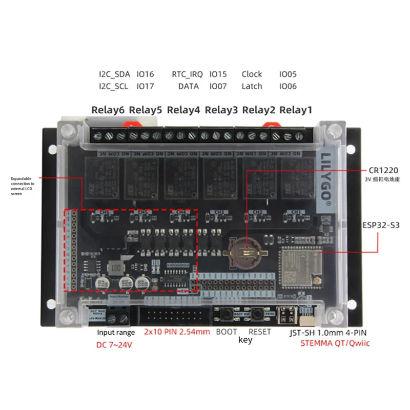 AT87-LILYGO T-RelayS3 ESP32-S3 6-Way Relay Development Board WiFi Bluetooth Wireless Module Expansion Board LCD Display
