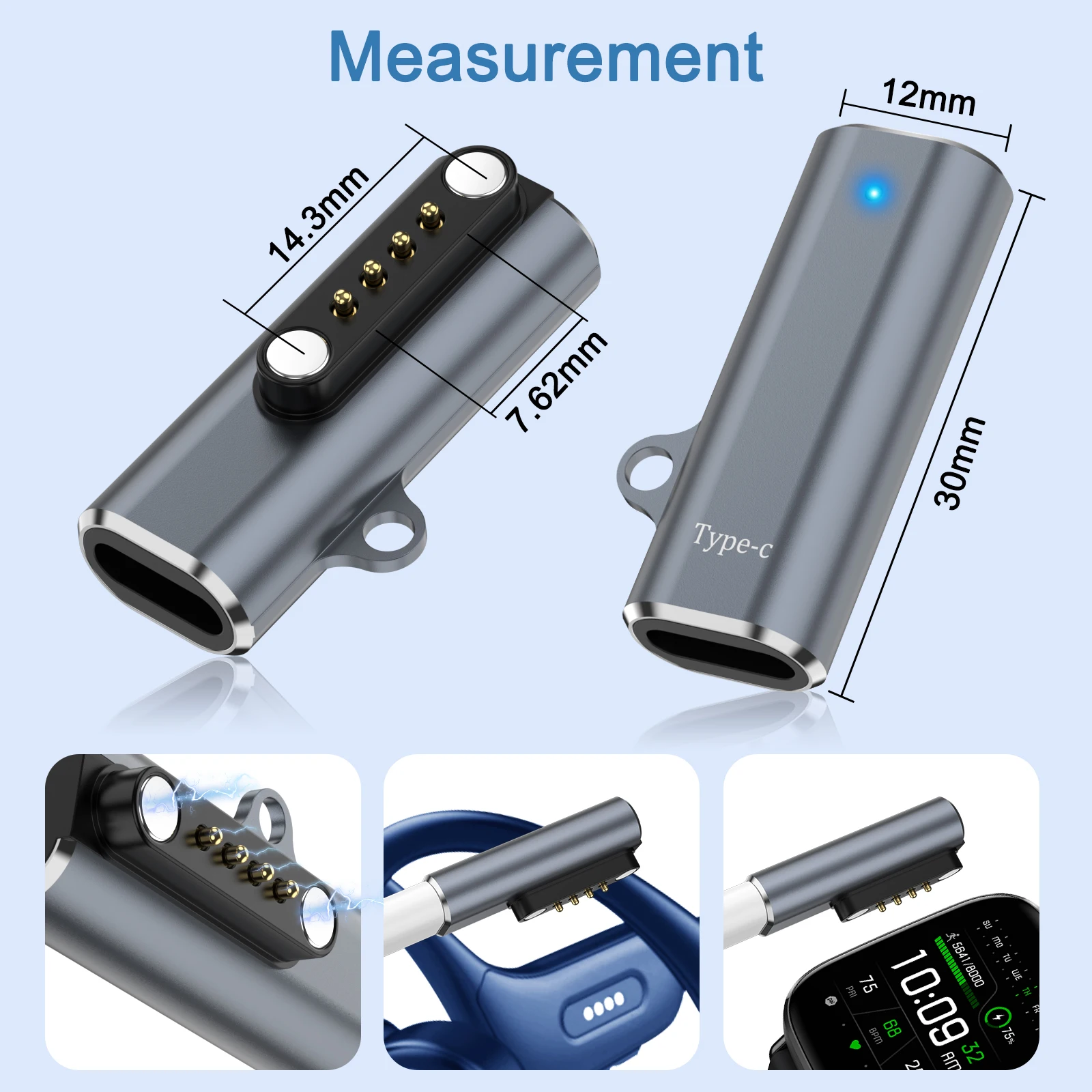 Type C to Watch Charger Magnetic Charging Adapter Connector for Pitch 7.62mm 2Pin/4Pin Smart Watch/Bone Conduction Headphone view 4