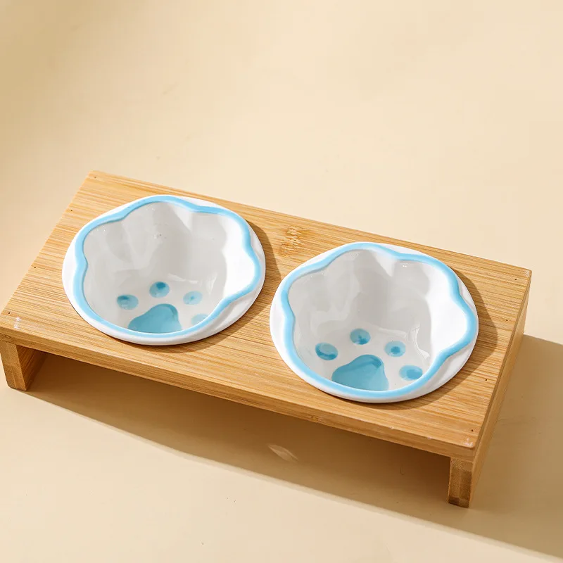 Pet Supplies Bamboo Frame Hand Colored Ceramic Protection For Cervical Vertebrae Eating Drinking Cat And Dog Bowls