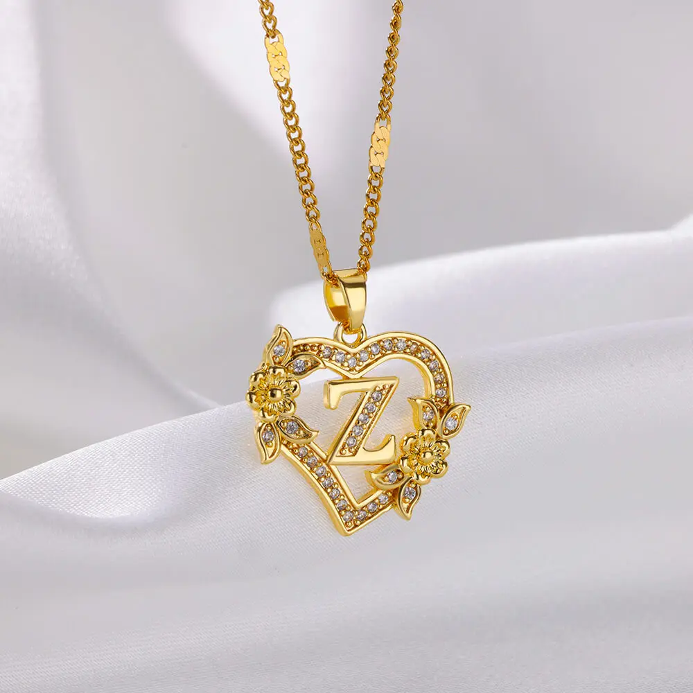 Zirkon Blume Initialen Halsketten Für Frauen Edelstahl Herz Gold Farbe Brief Kette Kragen 2025, Neue Trend Hochzeit Schmuck – Detail 2