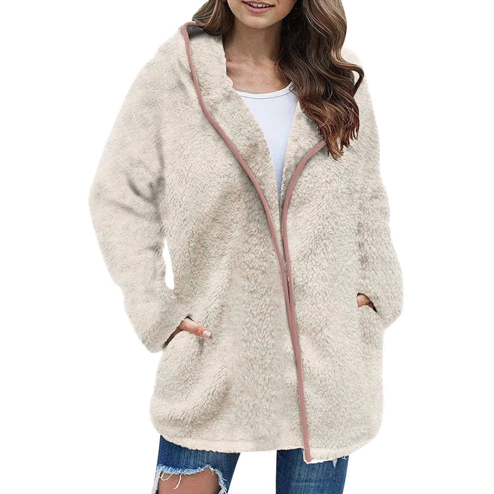 Women\'s Solid Color Long-sleeved Cardigans Fleece Loose and Warm Mid-length Plush Windbreaker Lamb Wool Coat Fleece Jacket