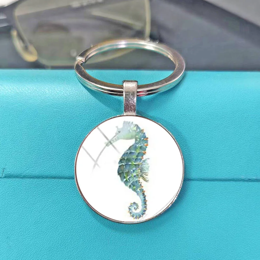 New Arrivals Watercolor Seahorse Marine Life Glass Dome Keychain Ocean Sea Animal Art Pendant Bag Car Key Ring Charm
