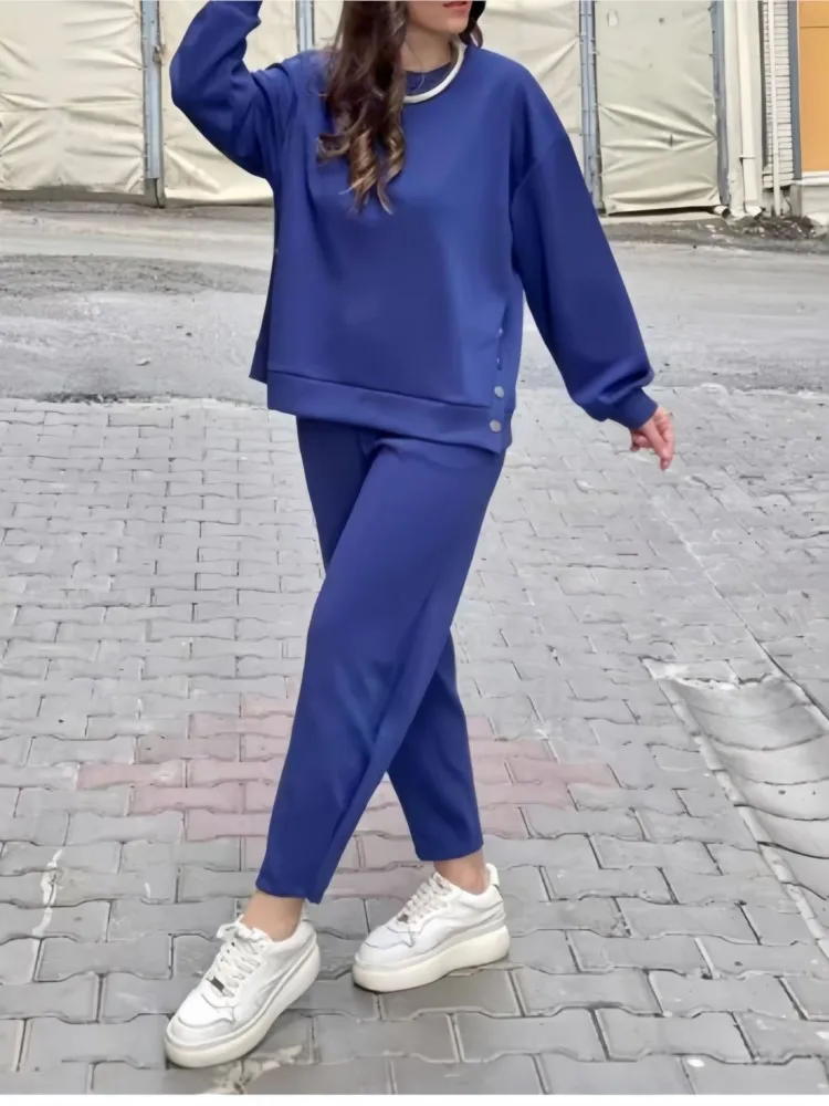 Casual Sporty Style Pants Sets Women Solid Color Buttons Pullover Sweatshirt Trousers Two Piece Set Female 2024 New Sports Suit