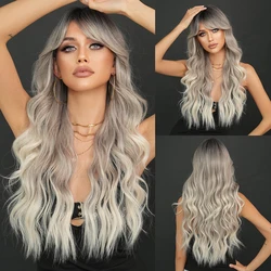 NAMM Loose Body Curly Ash Wigs for Women High Density Synthetic Dark roots Hair Wigs With Bangs Wigs Beginner Friendly
