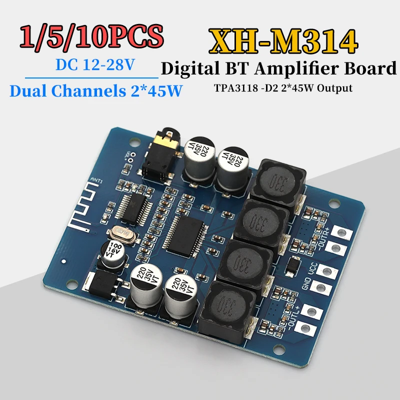 1/5/10Pcs XH-M314 DC12-28V High-power Audio Amplifier Board TPA3118D2 Supports Bluetooth 5.0 45W+45W Output