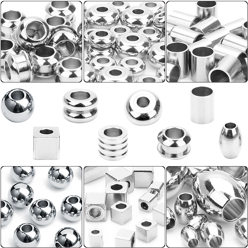 Stainless Steel Beads Square Round Big Hole Loose Spacer Bead For Jewelry Making Charm Bracelets Necklace Finding