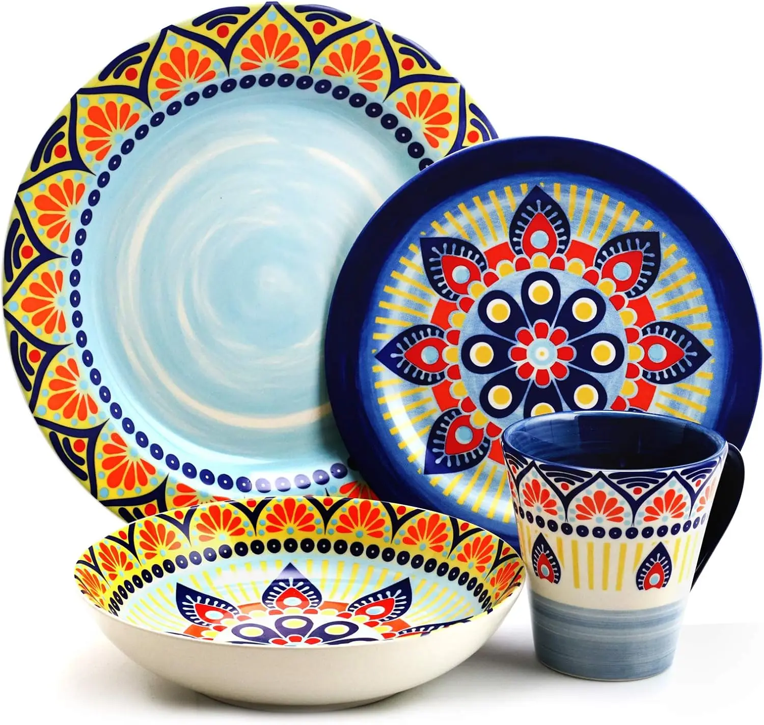 

Zen Blue Mozaik Multicolored Round Stoneware Mandala Pattern Dinnerware Set, 16 Piece