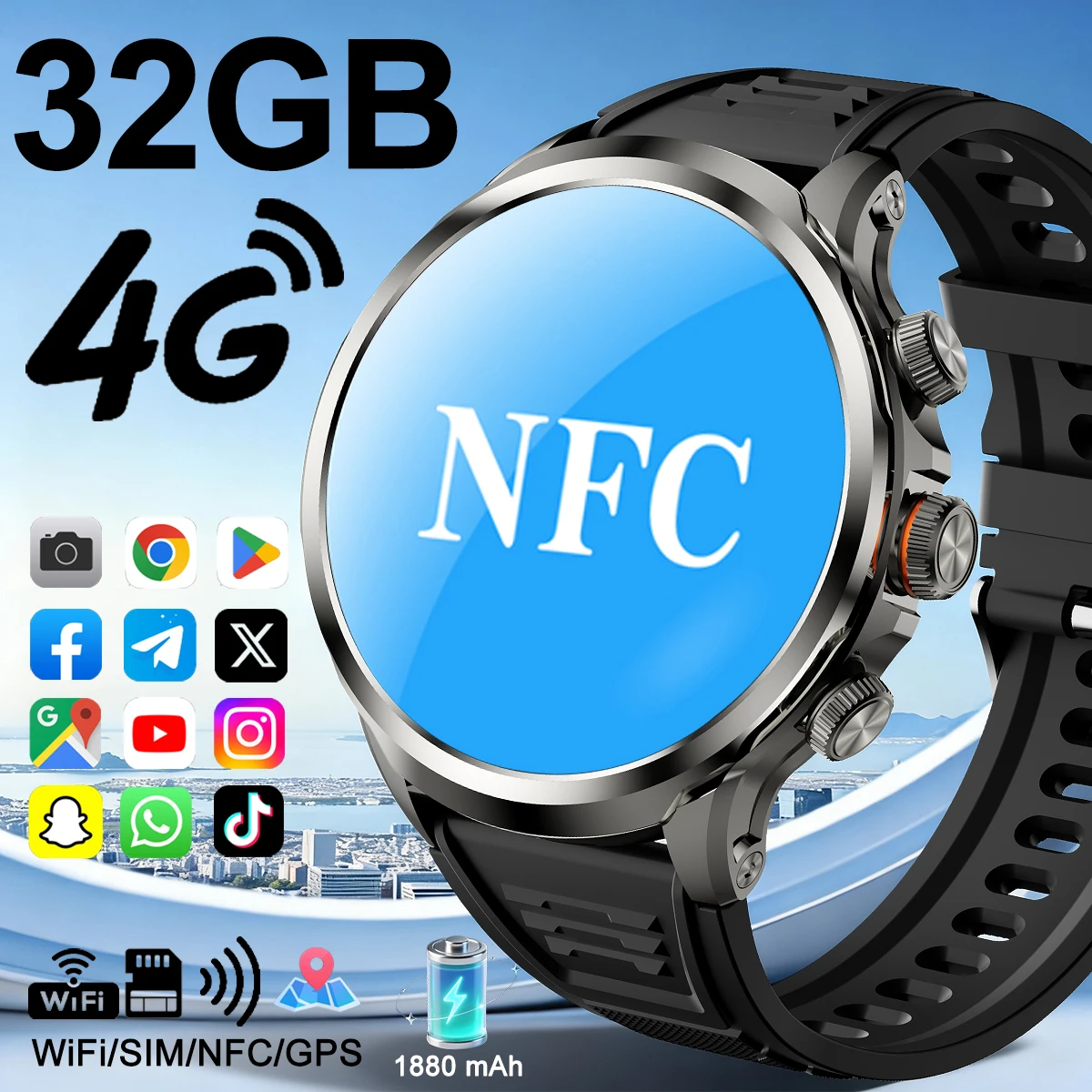 

New Smart Watch SIM NFC GPS 4G WIFI 32GB 10-day battery life Health Monitor Sport Video Calls 1.85''Big Screen Android Men Women