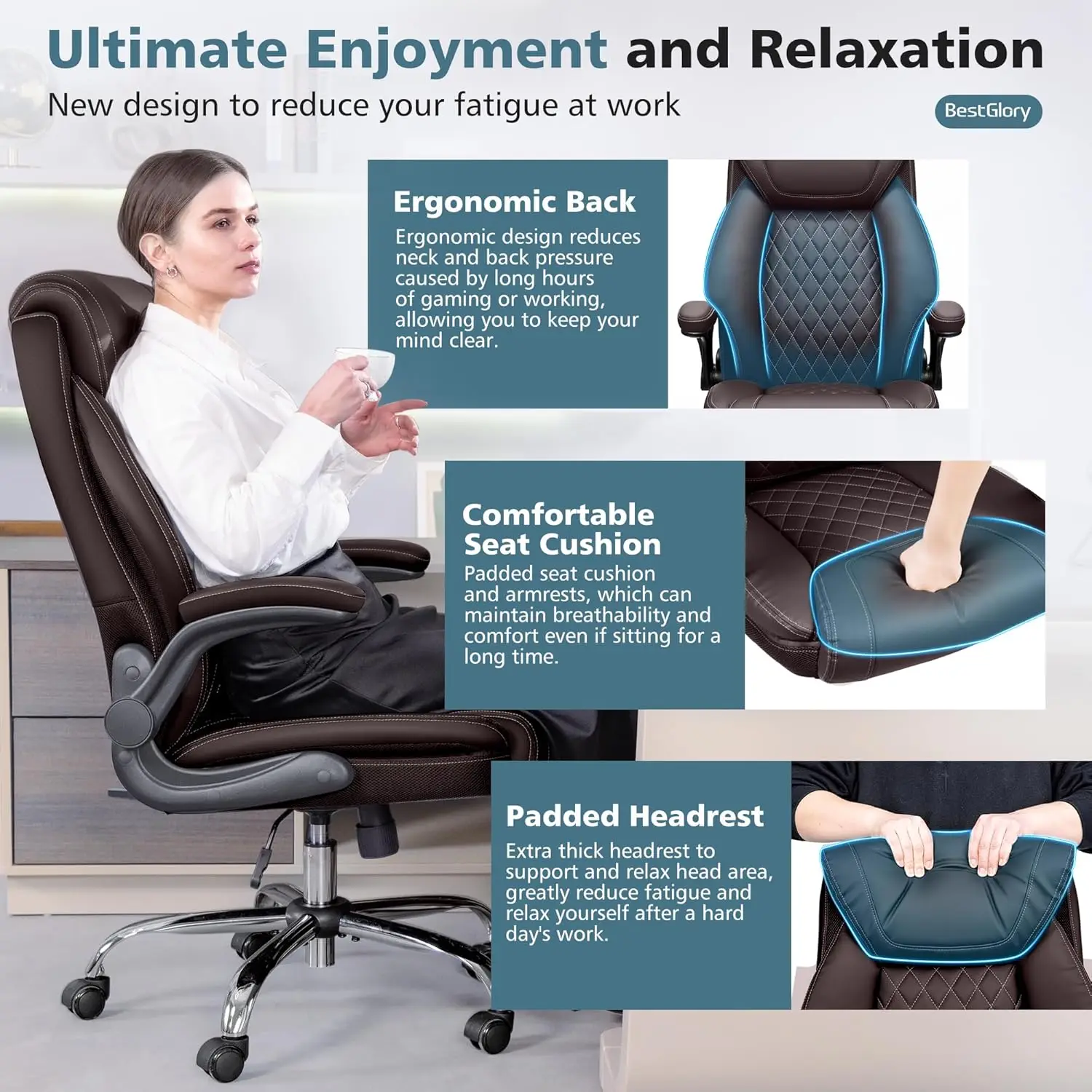 Ergonomic High Back Office Chair, Breathable Leather with Lumbar Support & Rocking Function