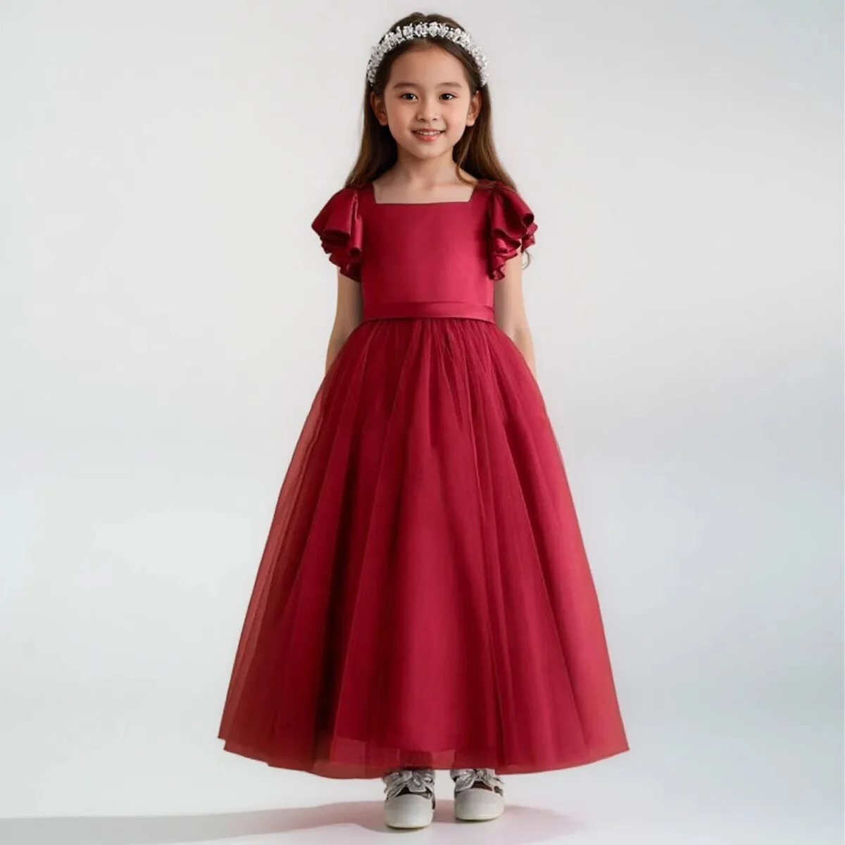

It's Yiiay Customized Flower Girl Dresses Wine Red Satin Tulle O-neck Ruffles Sleeves Belt A-line Floor Length Kids Gowns T141
