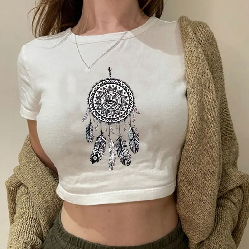 Dreamcatcher Print Summer outfit Pattern Short Sleeve O Neck Sexy Cropped Navel Women Crop Tops Fashion T-Shirt